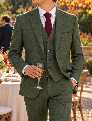 Abito uomo verde tre pezzi con gilet e bottoni a contrasto