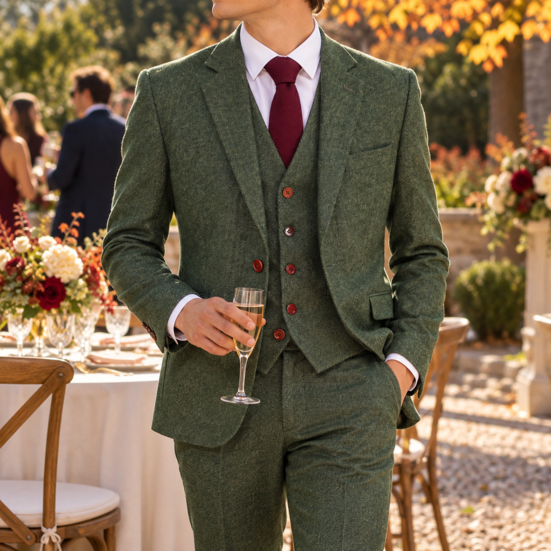 Abito uomo verde tre pezzi con gilet e bottoni a contrasto