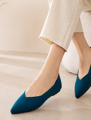Ballerine donna blu pavone a punta con scollo a V e suola piatta