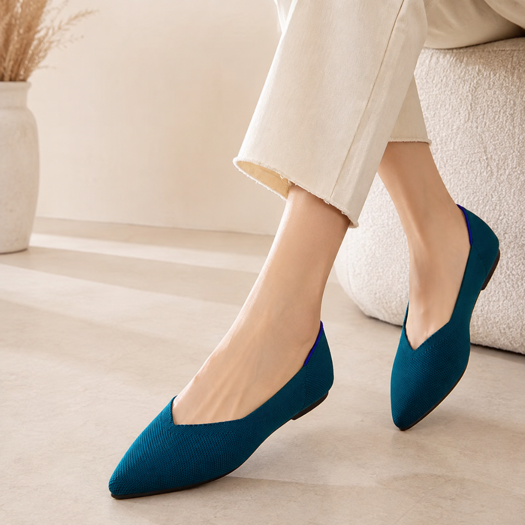 Ballerine donna blu pavone a punta con scollo a V e suola piatta
