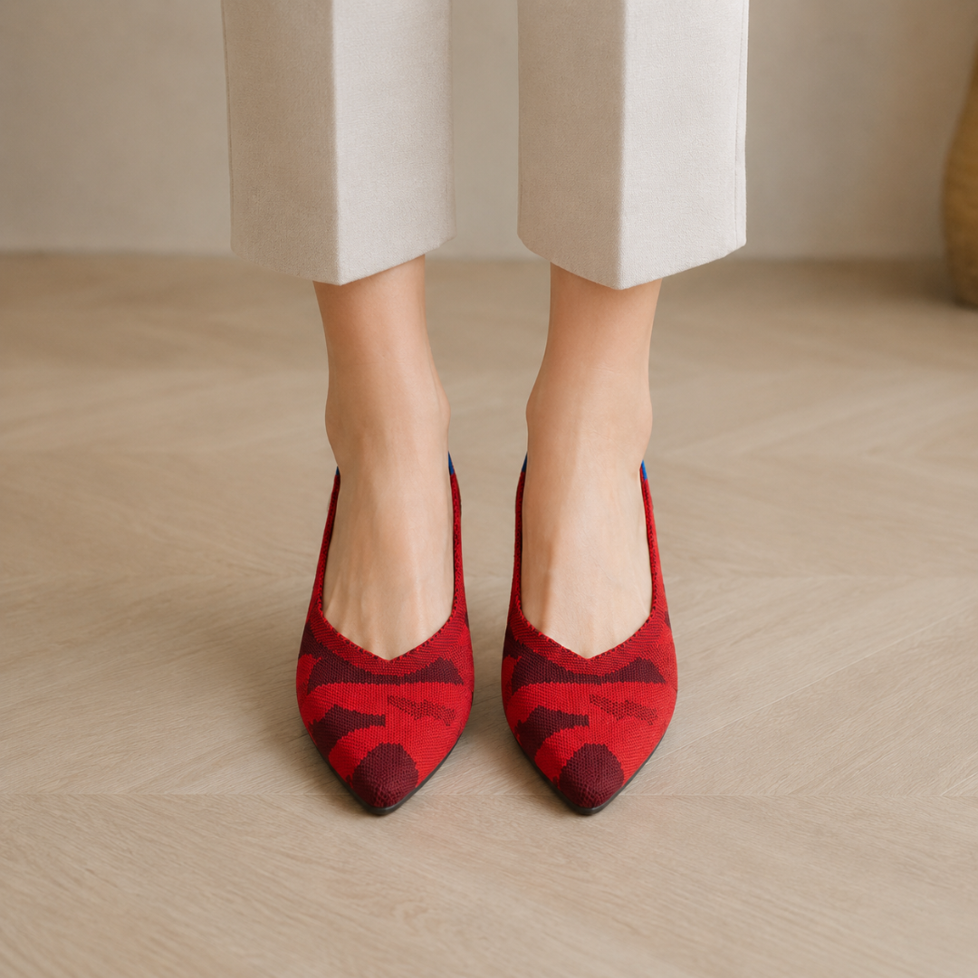 Ballerine rosse a punta viste frontalmente con scollo a V e motivo a contrasto