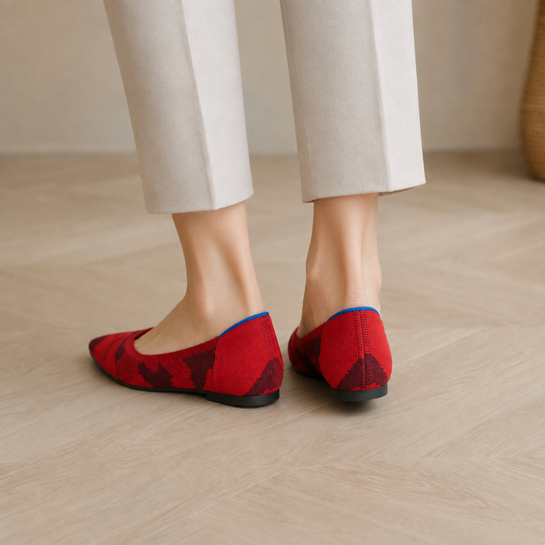 Ballerine rosse a punta viste da dietro con bordo blu sul tallone