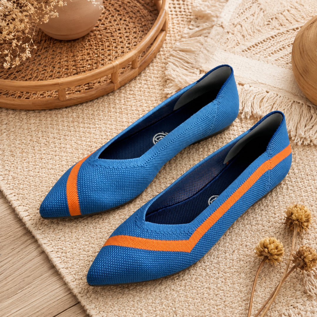 Ballerine blu royal a punta affusolata con riga arancione a contrasto