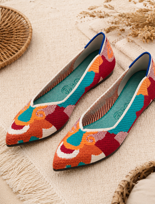 Ballerine multicolore con arancione, rosso e turchese e bordo interno blu
