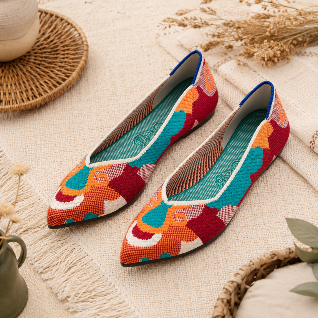 Ballerine multicolore con arancione, rosso e turchese e bordo interno blu