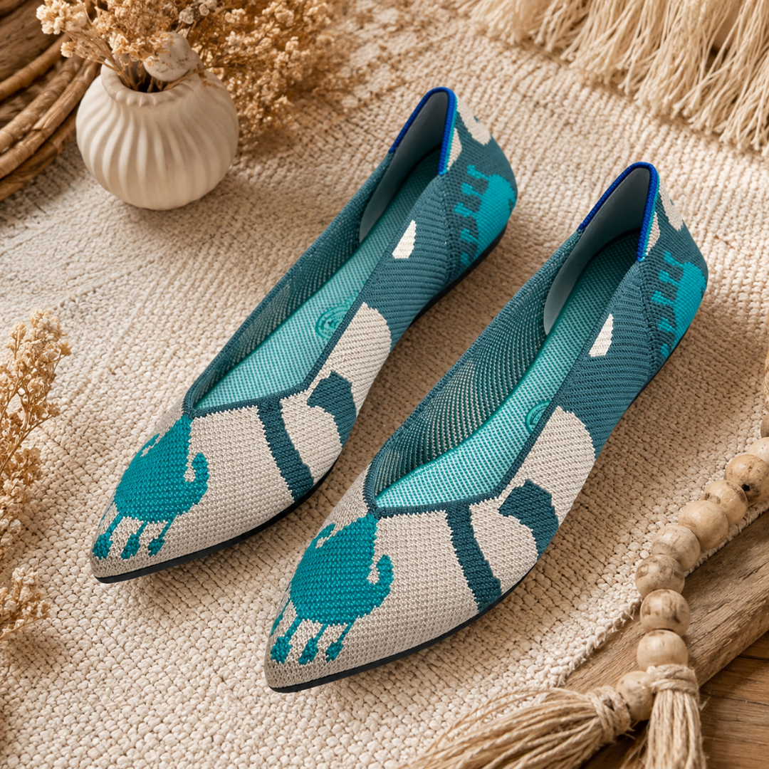 Ballerine ottanio a punta con motivo figurativo beige e bordo interno blu