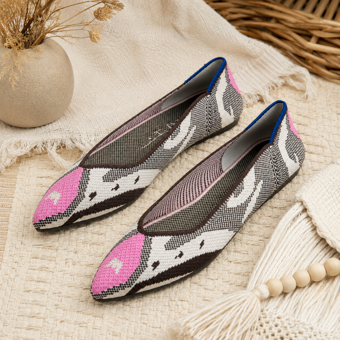 Ballerine beige e marroni con punta rosa e fantasia a contrasto sulla tomaia