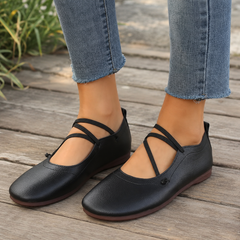 Ballerine nere da donna con cinturini elastici incrociati e suola piatta