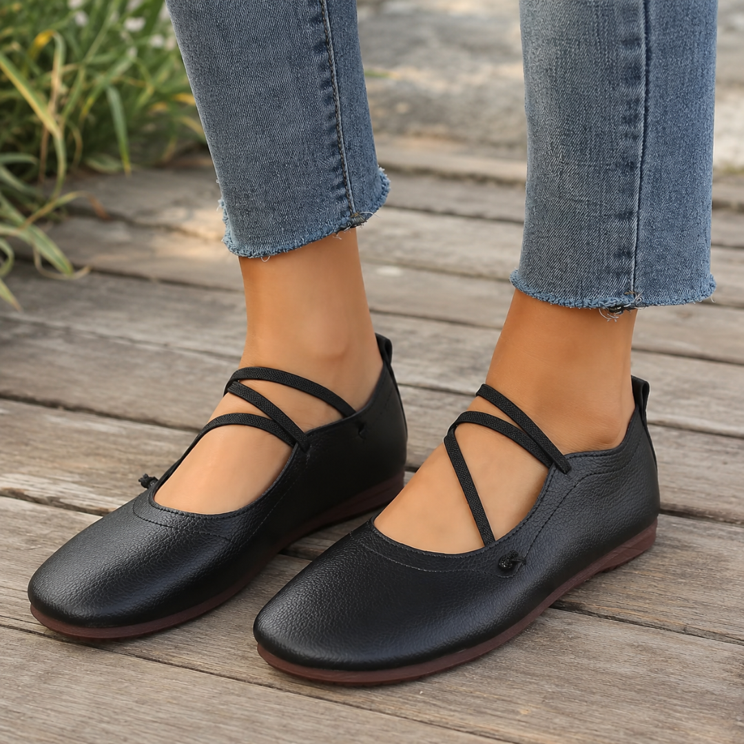 Ballerine nere da donna con cinturini elastici incrociati e suola piatta