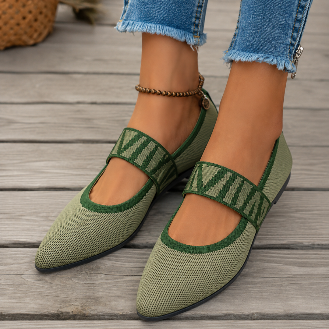 Ballerine verdi a punta affusolata con fascia elastica e bordo verde scuro