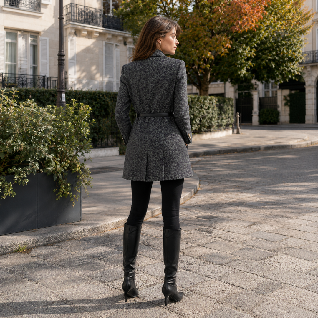 Retro del blazer grigio doppiopetto con cintura e spacco sul fondo