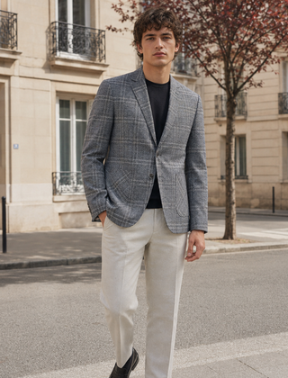 Blazer uomo grigio a quadri con revers classico e taschino sul petto