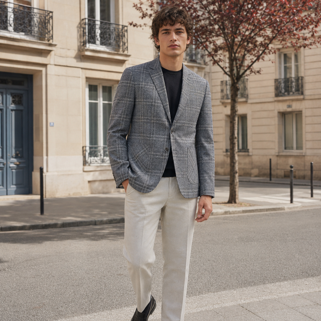 Blazer uomo grigio a quadri con revers classico e taschino sul petto
