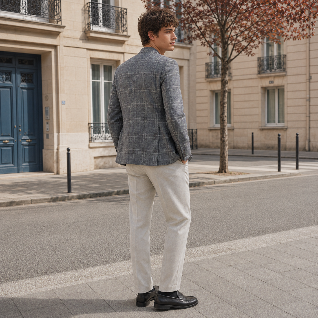 Retro del blazer uomo grigio a quadri con spacco e maniche lunghe