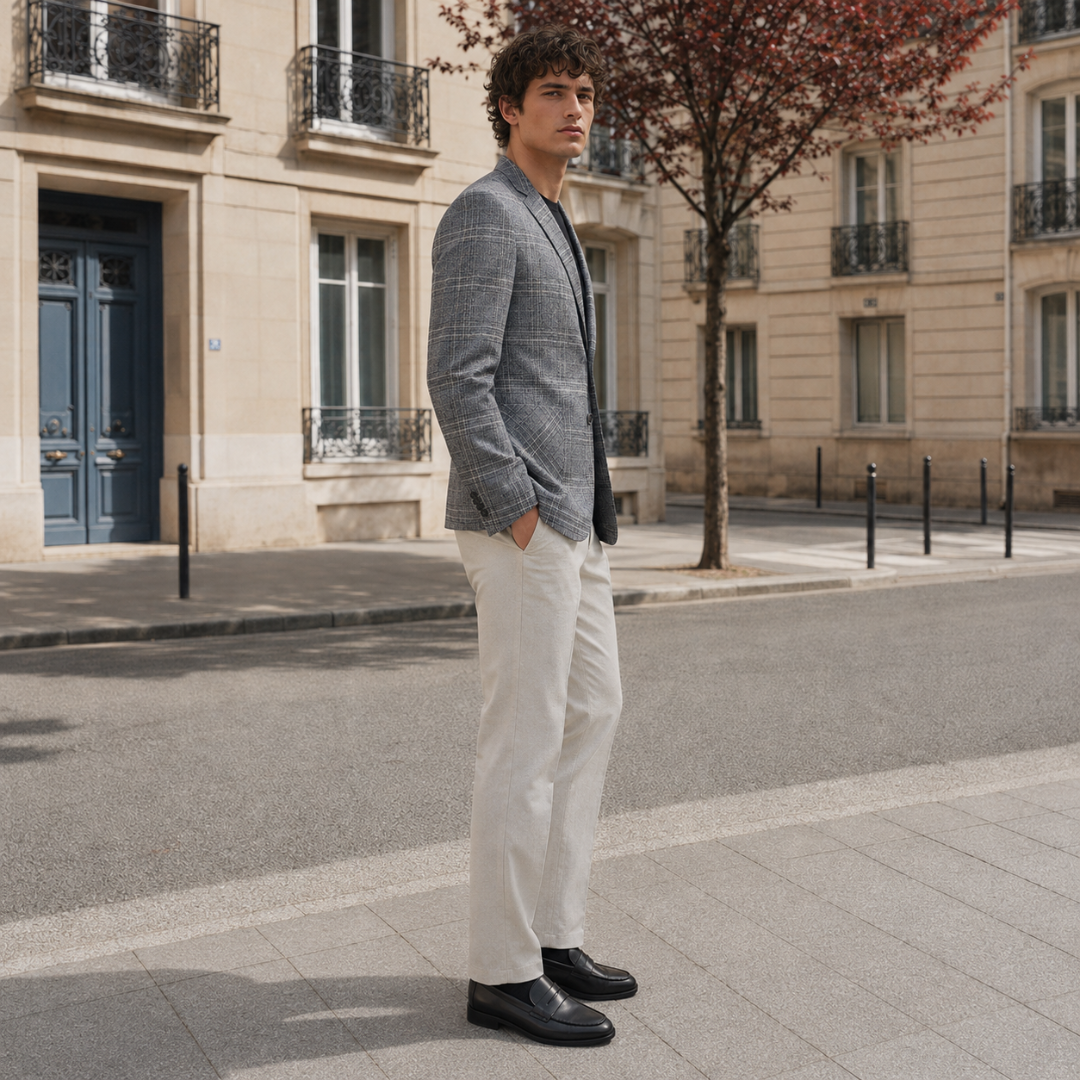 Vista laterale del blazer grigio a quadri con tasche applicate e bottoni ai polsini