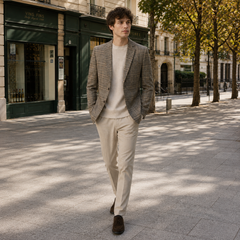 Uomo cammina indossando blazer tortora a quadri con pantaloni chiari e mocassini
