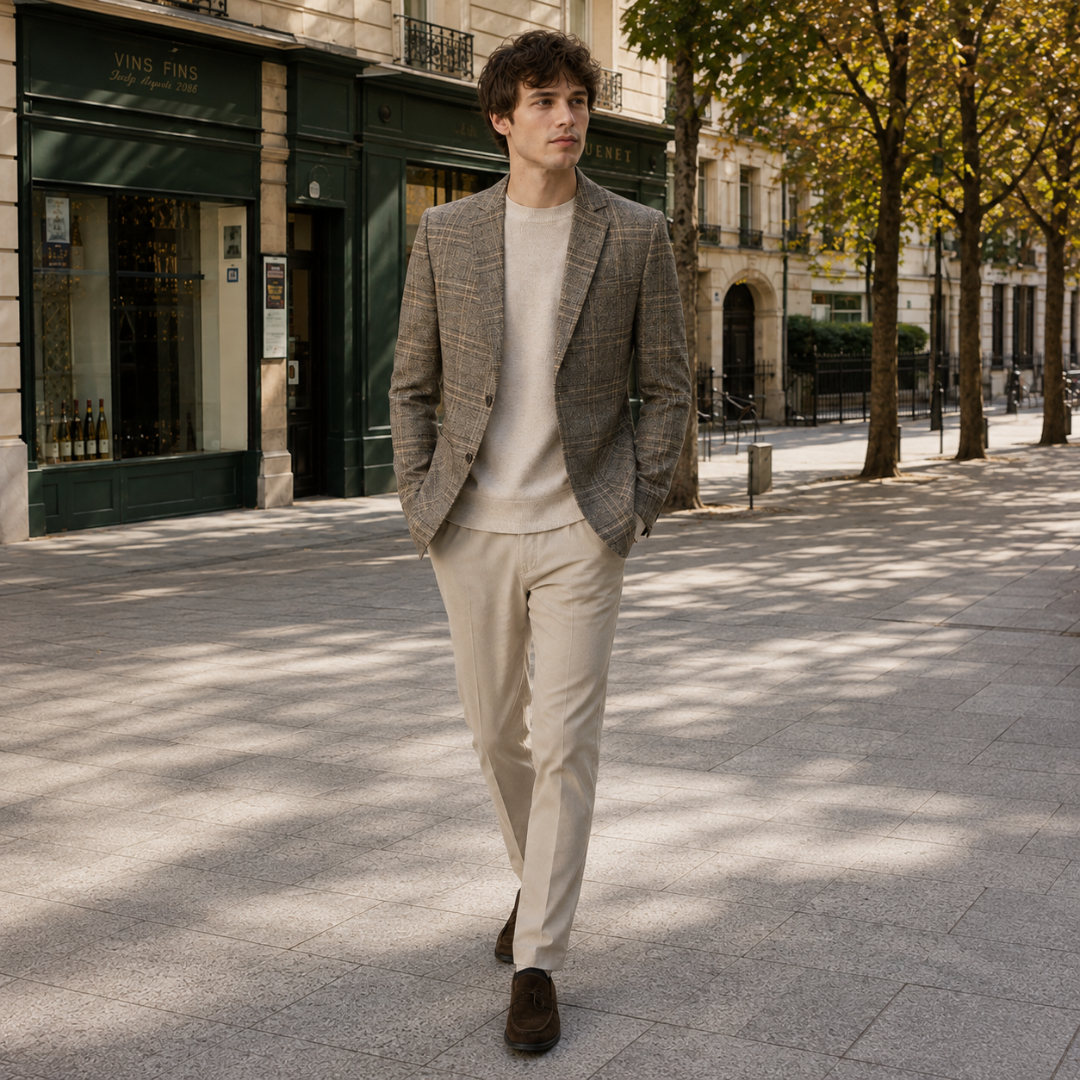Uomo cammina indossando blazer tortora a quadri con pantaloni chiari e mocassini