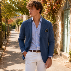 Blazer uomo blu in maglia con revers classico e chiusura frontale a bottoni