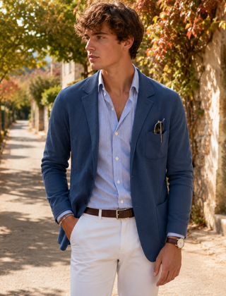 Blazer uomo blu in maglia con revers classico e chiusura frontale a bottoni