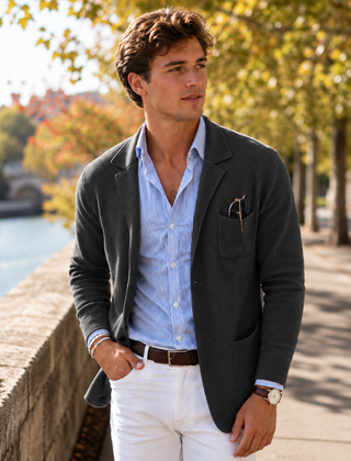 Blazer uomo grigio scuro con tasche applicate e revers a dentello, camicia a righe