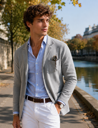 Blazer uomo grigio chiaro in maglia con taschino sul petto e revers classico