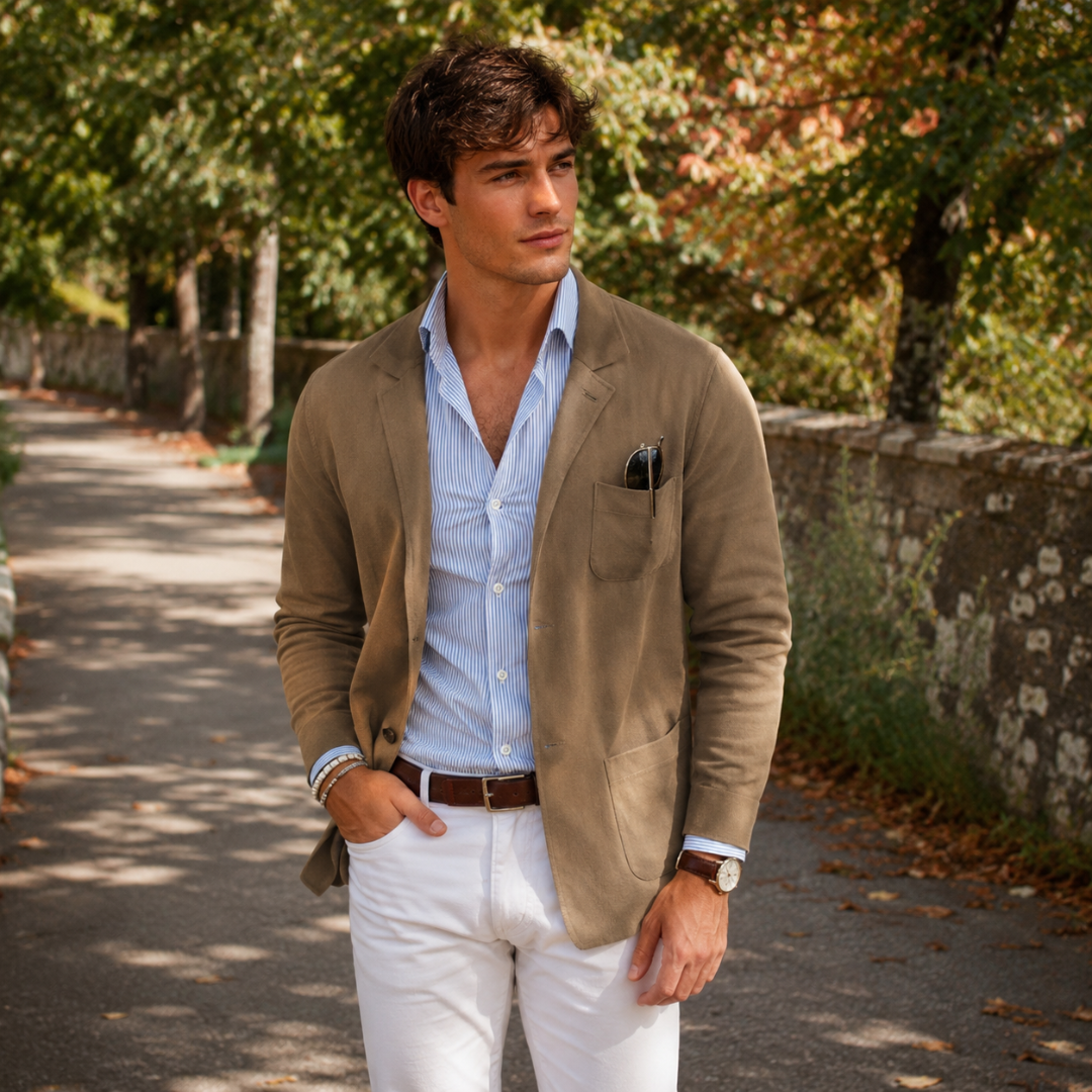 Blazer uomo kaki con tasche applicate sui fianchi e camicia a righe azzurre