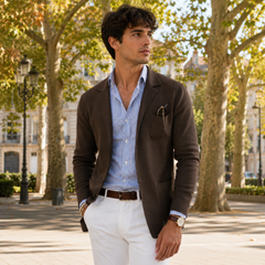 Blazer uomo marrone in maglia con taschino applicato e maniche lunghe