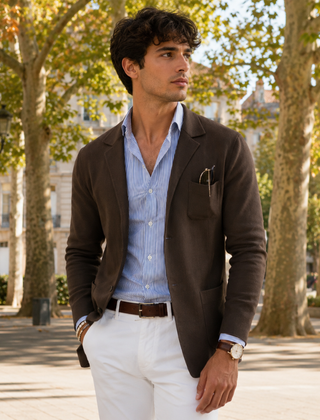 Blazer uomo marrone in maglia con taschino applicato e maniche lunghe