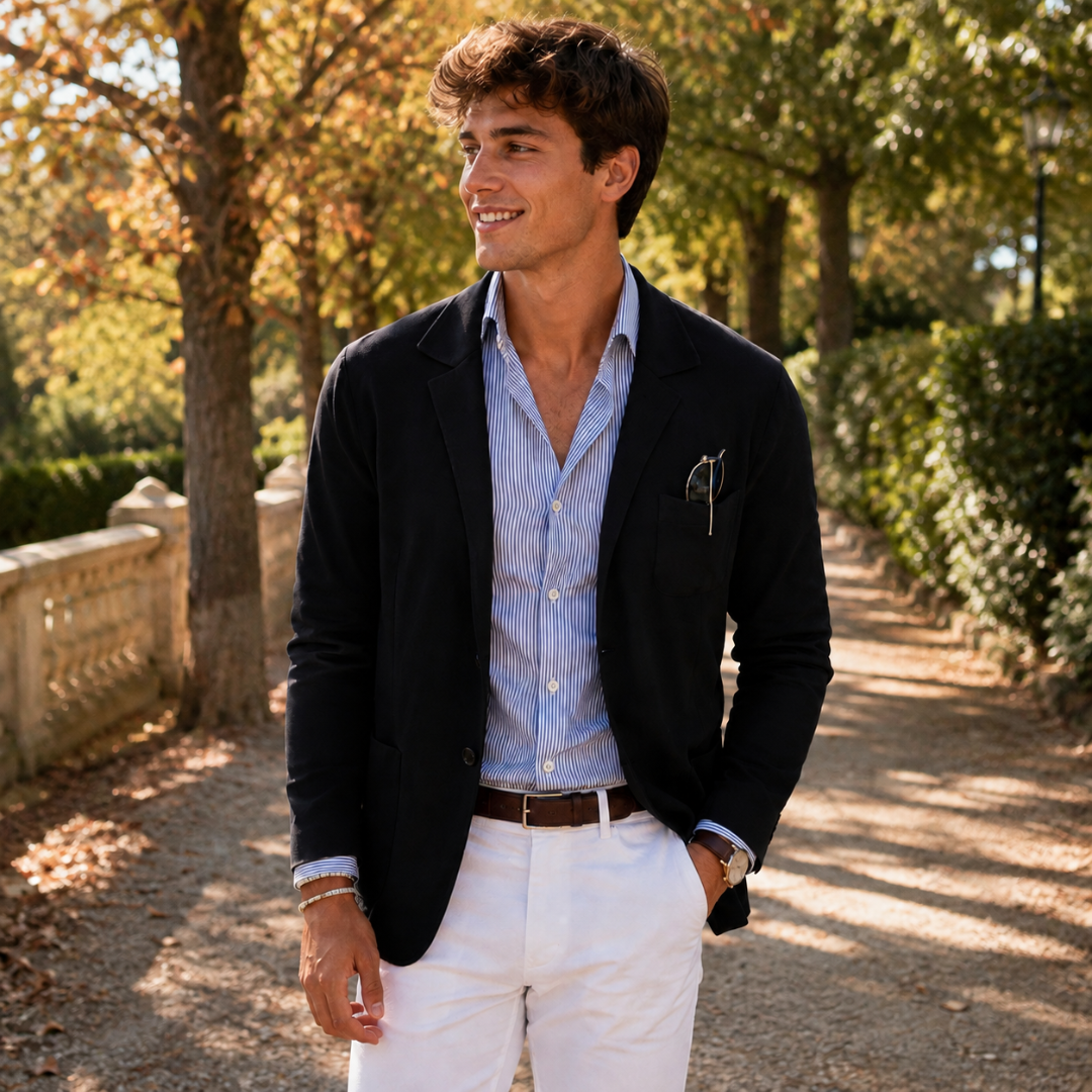Blazer uomo nero in maglia con bottoni frontali e taschino sul petto