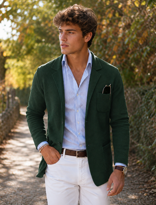 Blazer uomo in maglia verde con revers classico e taschino applicato sul petto