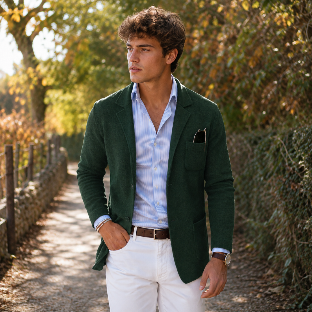 Blazer uomo in maglia verde con revers classico e taschino applicato sul petto