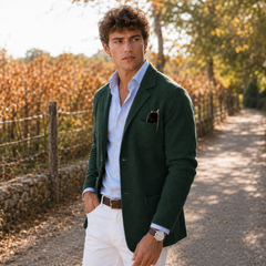 Blazer verde uomo aperto sulla camicia a righe, tasche applicate sui fianchi visibili