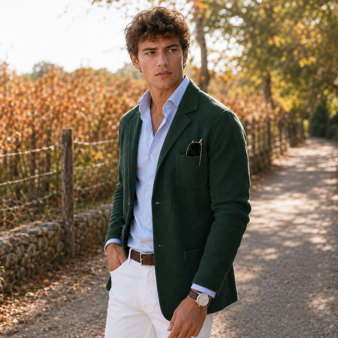 Blazer verde uomo aperto sulla camicia a righe, tasche applicate sui fianchi visibili