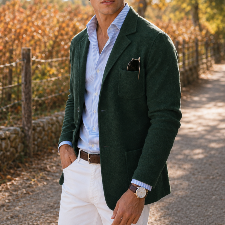 Blazer uomo verde con revers a lancia e bottoni, indossato aperto su camicia rigata