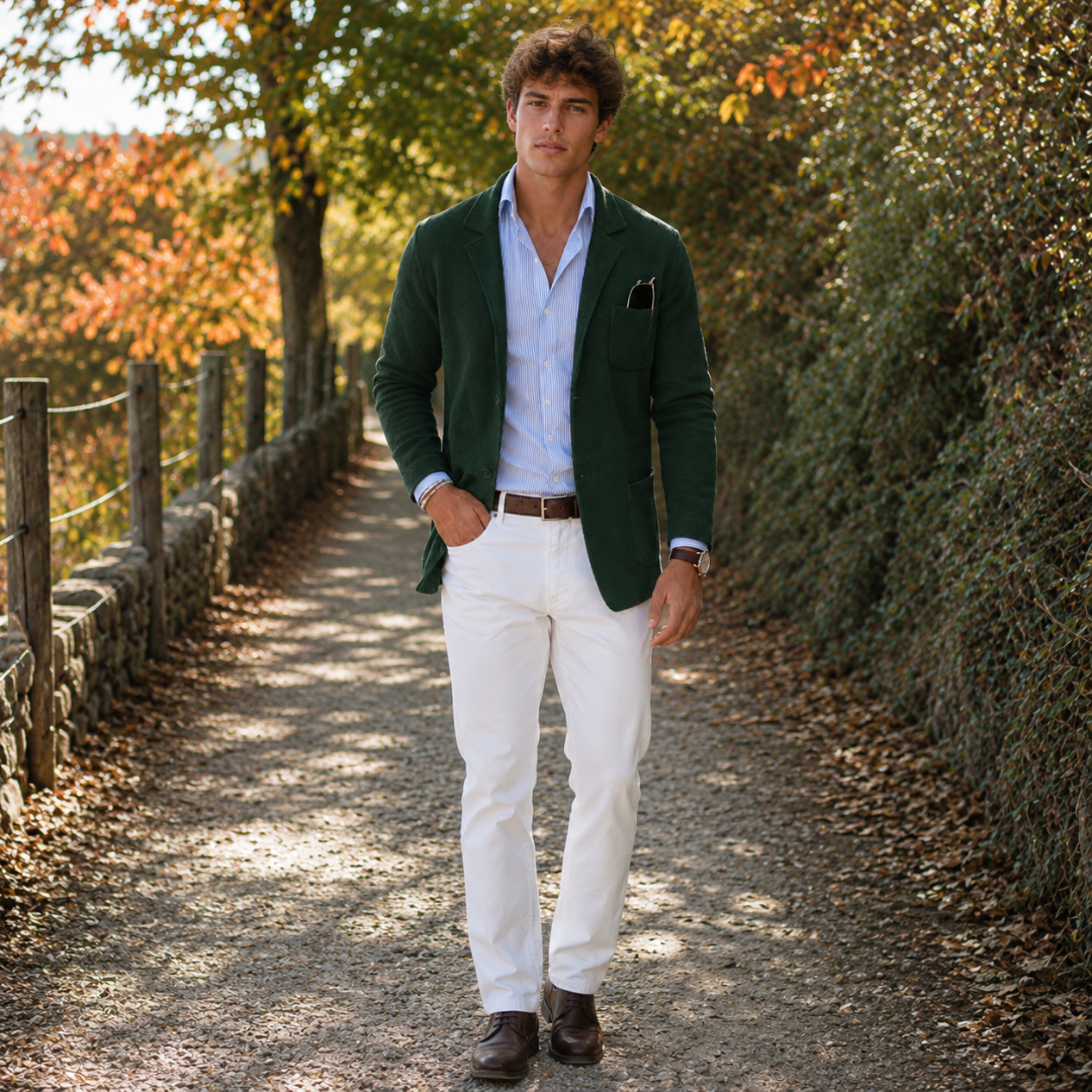 Figura intera con blazer uomo verde in maglia, pantaloni bianchi e cintura marrone