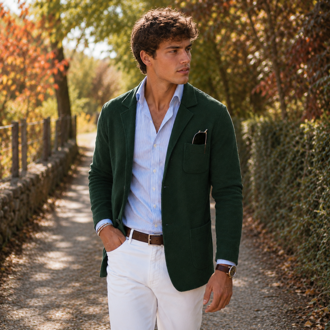 Blazer verde uomo in maglia con chiusura a bottoni e maniche lunghe
