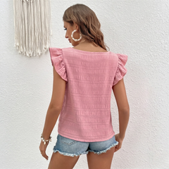 Retro della blusa rosa con orlo dritto e superficie leggermente increspata