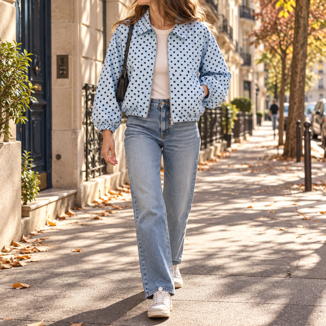 Bomber donna azzurro a pois scuri con zip centrale e colletto a camicia