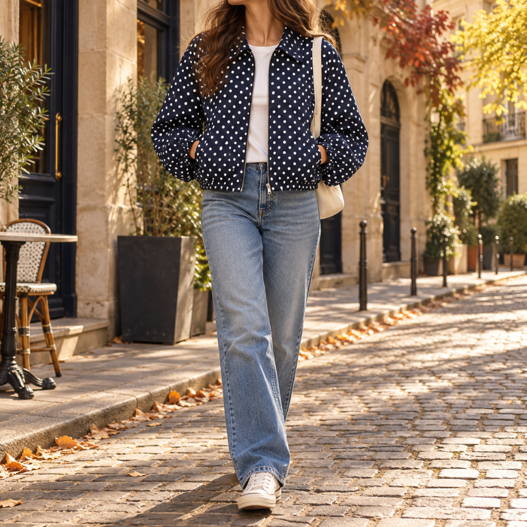 Bomber donna blu navy a pois bianchi con zip centrale e linea corta