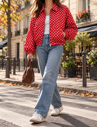 Bomber donna rosso a pois bianchi con zip aperta e colletto a camicia