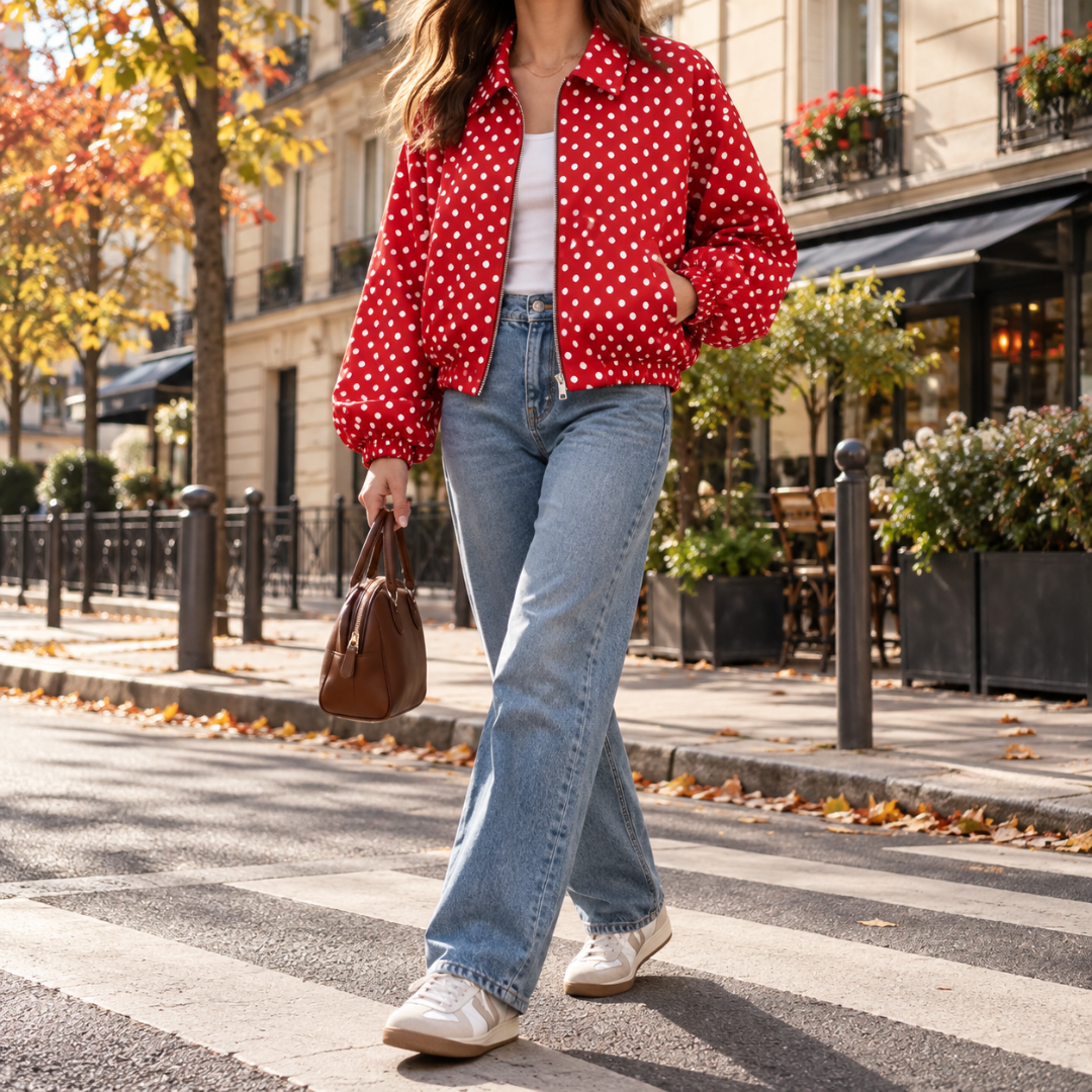 Bomber donna rosso a pois bianchi con zip aperta e colletto a camicia