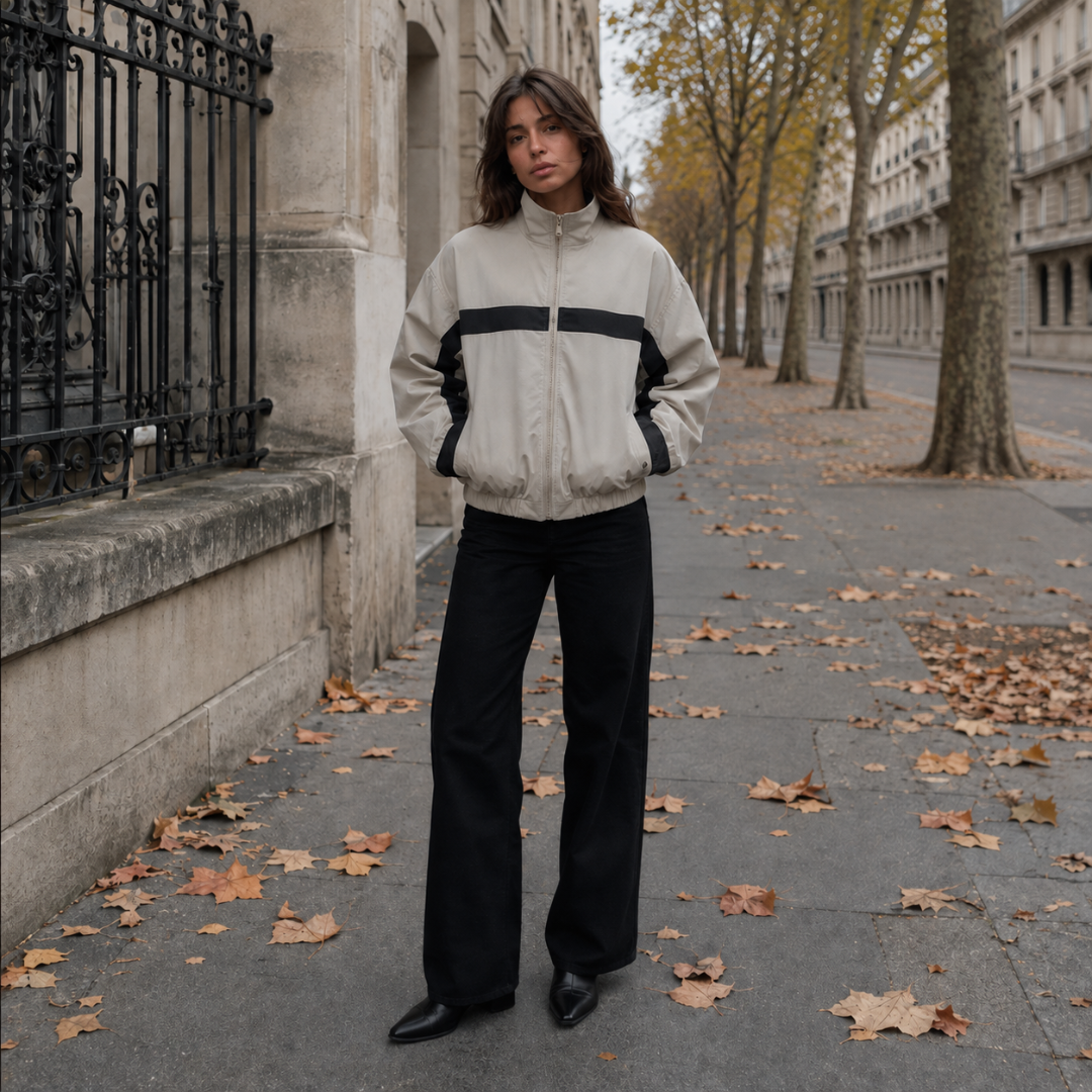 Bomber donna beige con banda nera a contrasto e zip integrale, indossato in strada