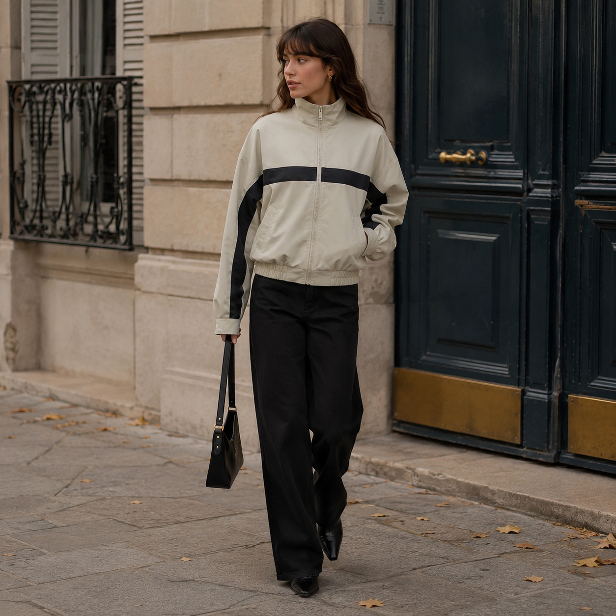 Bomber beige donna con zip chiusa e tasche laterali, abbinato a pantaloni neri