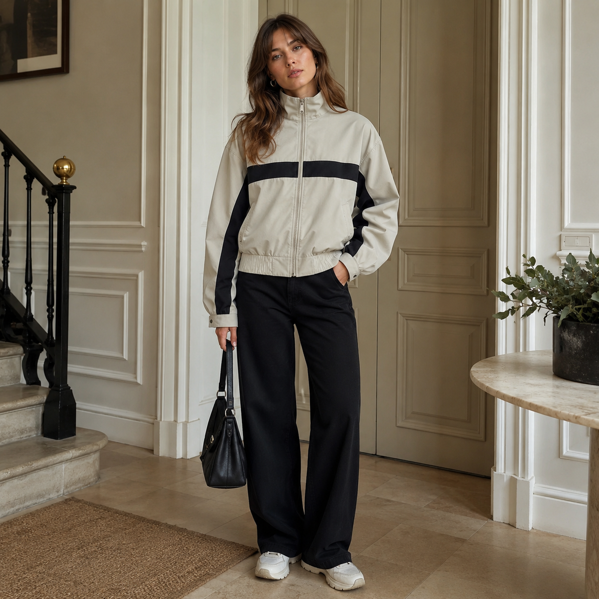Bomber donna beige con banda nera lungo le maniche lunghe e polsini arricciati