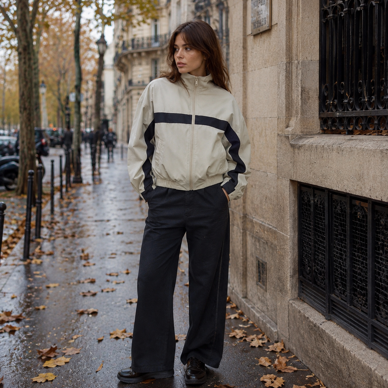 Bomber beige con zip integrale e banda scura, indossato con pantaloni larghi neri