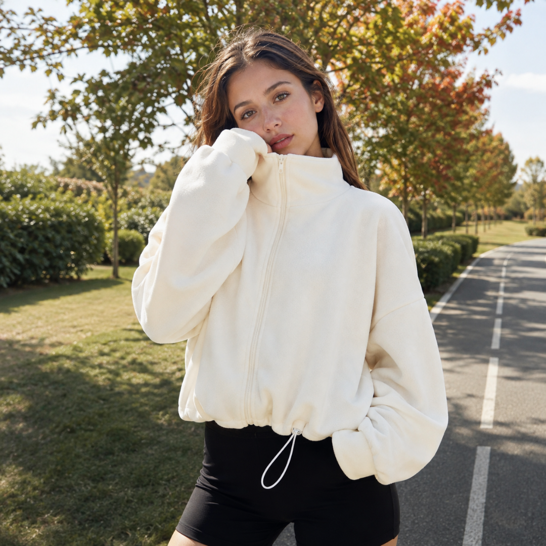 Bomber corto beige dall'aspetto felpato con collo alto e zip integrale