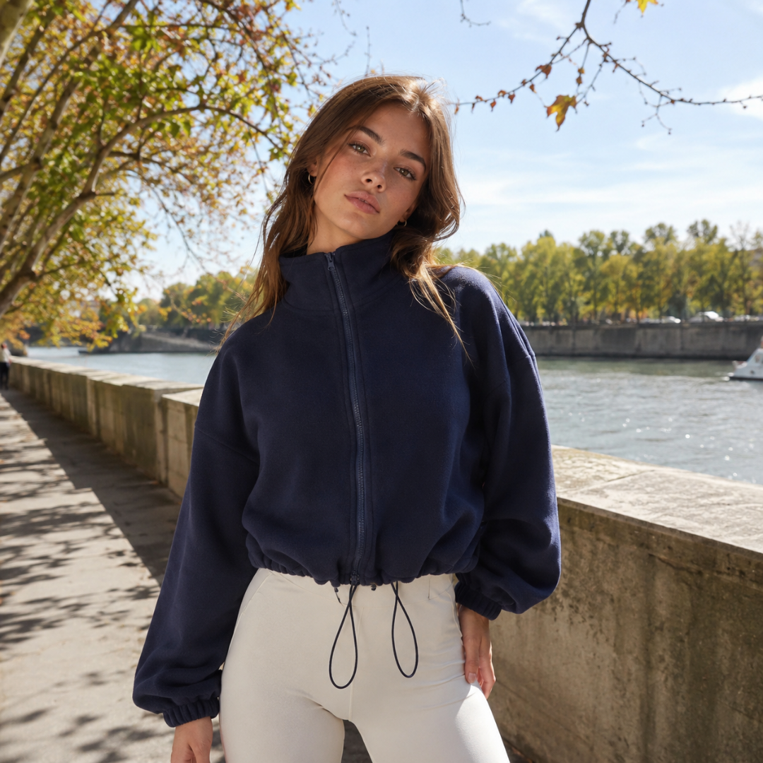 Bomber corto blu navy con zip frontale e cordoncini della coulisse