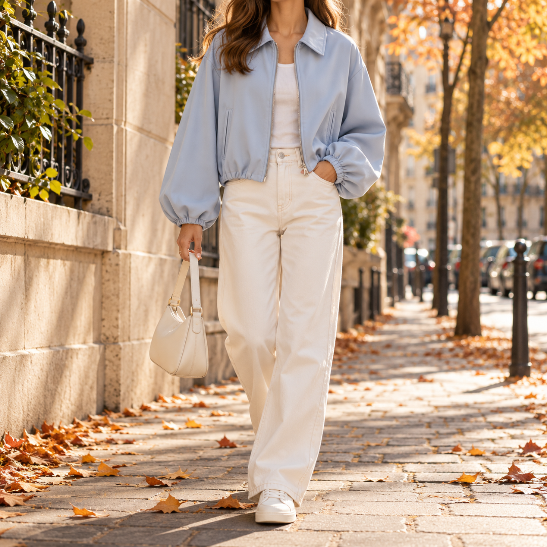 Bomber corto azzurro con zip aperta e maniche ampie, pantaloni color crema