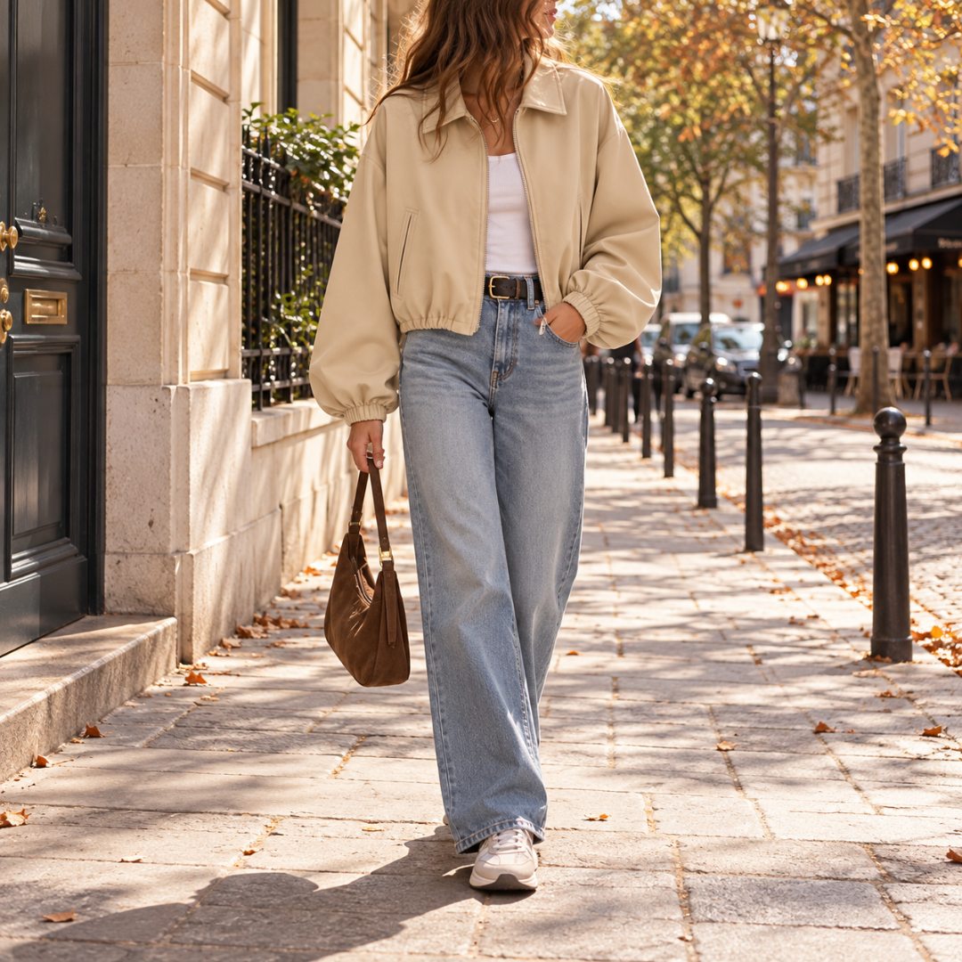 Bomber corto beige con zip e tasca a filetto, abbinato a pantaloni a gamba larga