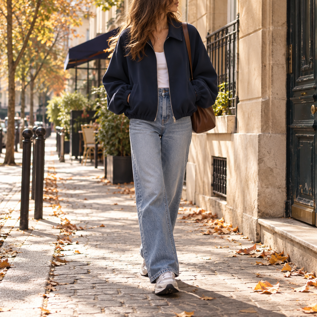 Bomber corto blu navy con collo a camicia e fondo arricciato, pantaloni chiari